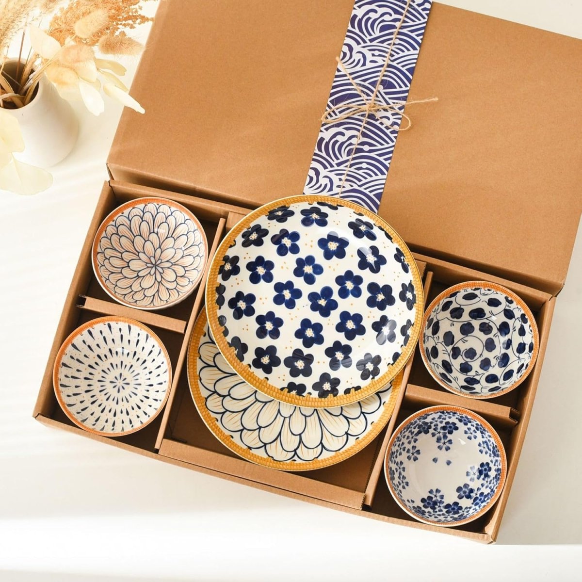 Blue Blossom Ceramic Dinner Set – 4 Bowls & 2 Plates | Hand-Painted Floral Design - Memories InsiteBlue Blossom Ceramic Dinner Set